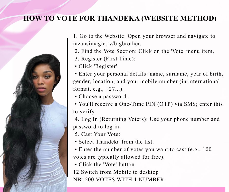 ms_ttshabalala's tweet image. In view of Thandeka being up for eviction, here are the official steps to vote and keep her journey alive 

Every vote matters, Let us show up for her 

FOCUS ON THANDEKA 
FOLLOW THANDEKA ON SOCIALS
#ThandekaTshabalala
#BBMzansiS6
#BBMzansi
