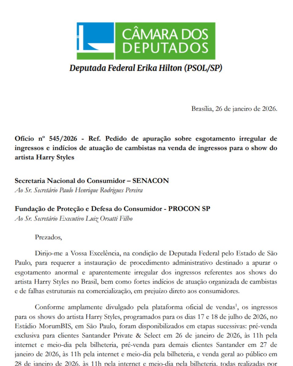 ErikakHilton's tweet image. 🚨 Estou acionando as autoridades sobre as graves irregularidades na venda de ingressos para o show do Harry Styles em São Paulo.

Como as primeiras pessoas das filas, tanto a geral quanto a PCD, não conseguiram comprar ingressos, mas os cambistas já tinham ingressos em mãos?…