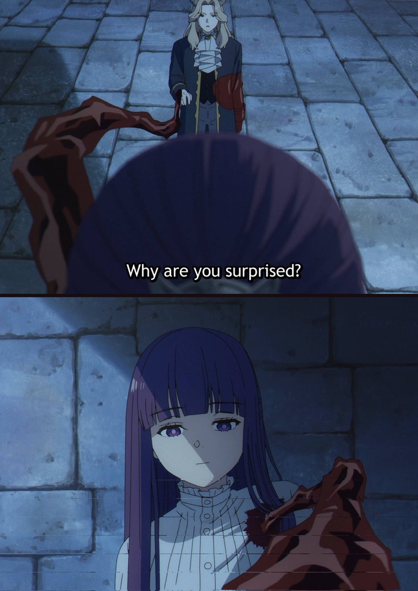 Occasionally, characters in Frieren will look straight at the audience ahd explain what someone is feeling despite their static expression. For me, the moment Fern gets impaled through the shoulder and still has the same stock  ͡°_͡° face is when my engagement started slipping.