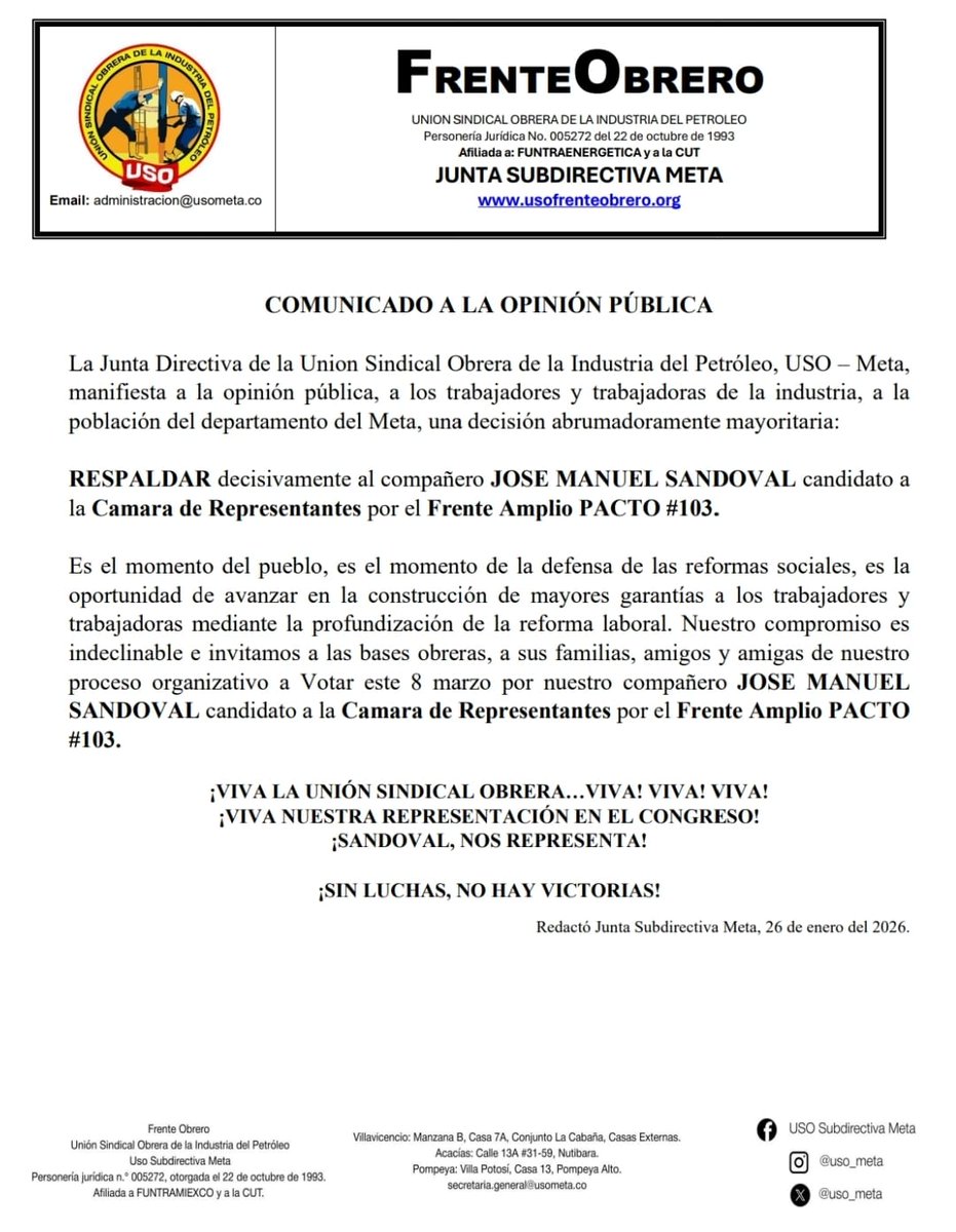 Respaldando la representación obrera: apoyamos a <a href="/Sandovalxelmeta/">José Manuel Sandoval</a> a la Cámara por el Frente Amplio Pacto 103.
Este 8 de marzo votemos por reforma laboral, reformas sociales y trabajo digno.
#SinLuchasNoHayVictorias