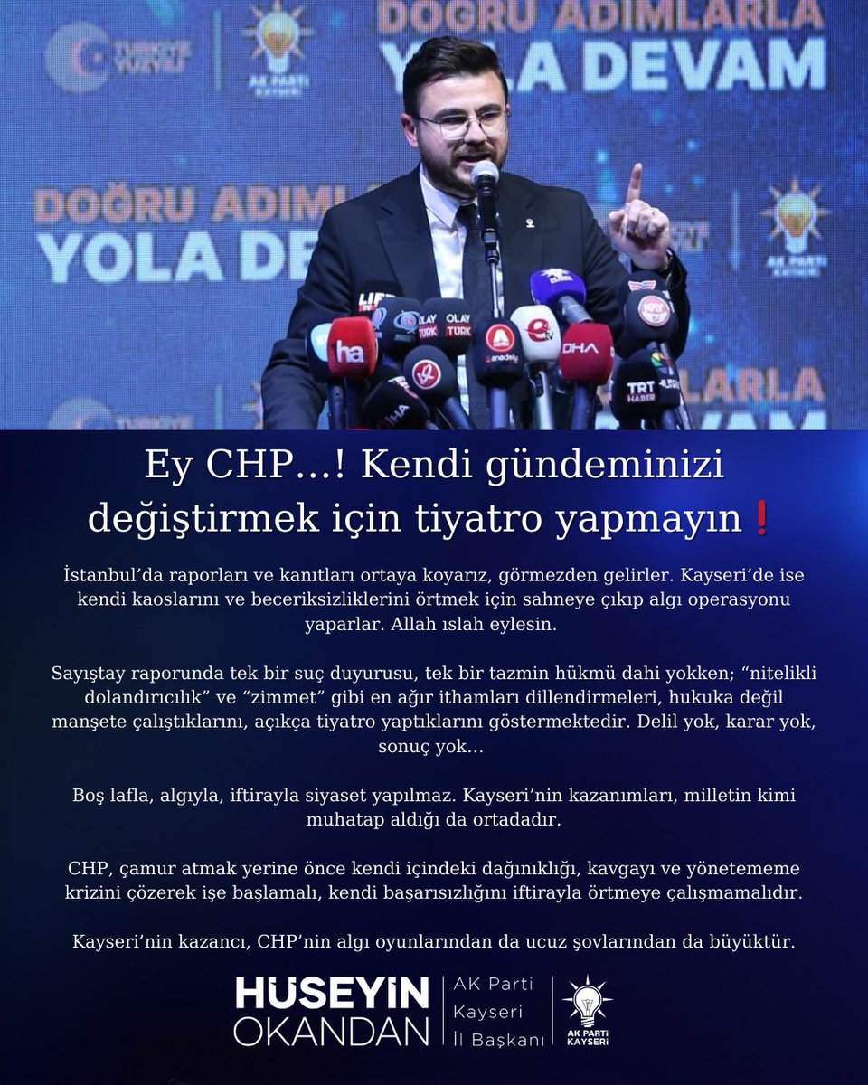 Ey CHP…! Kendi gündeminizi değiştirmek için tiyatro yapmayın❗

İstanbul’da raporları ve kanıtları ortaya koyarız, görmezden gelirler. Kayseri’de ise kendi kaoslarını ve beceriksizliklerini örtmek için sahneye çıkıp algı operasyonu yaparlar. Allah ıslah eylesin. 🤲

Sayıştay
