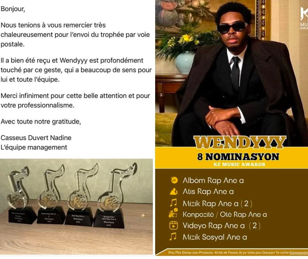 anmweyyy's tweet image. 🎉Nadine,Manager Wendyyy resevwa 4 Twofe KEMA AWARDS yo e Felisite mesye yo pou pwofesyonalis yo‼️

- 🥇Album Rap Ane 2025 ( 3 ) 
- 🥇Atis Rap Ane 2025 (Wendyyy)
- 🥇Otè/Konpozitè Rap Ane 2025 (Wendyyy) 
- 🥉Mizik Sosyal Ane 2025 (Tout va bien) 

#TMG #KEMA #GOAT #EASILY