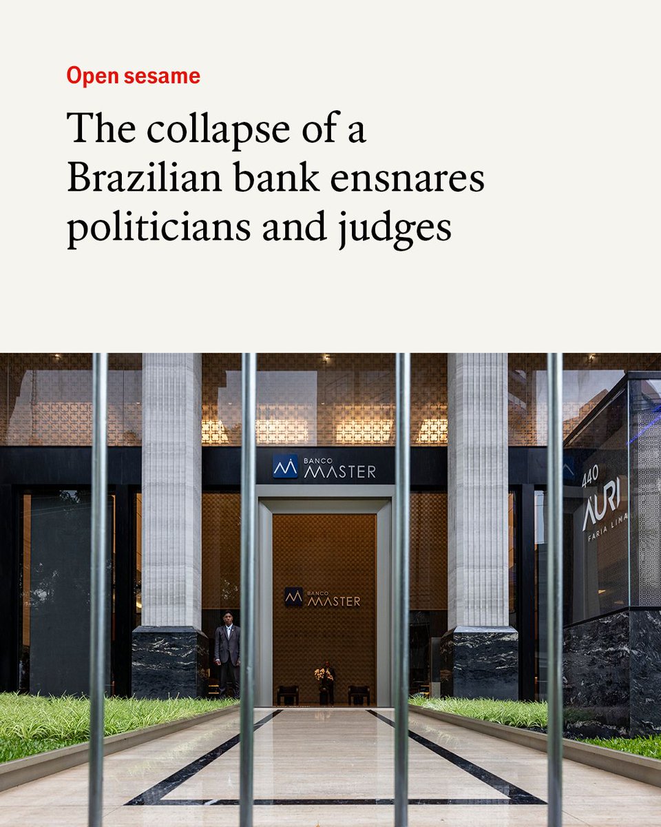 TheEconomist's tweet image. The effects of Banco Master’s collapse reach beyond the banking sector. That is because the head of the bank spent years cultivating ties to Brazil’s elite econ.st/4r7YbRo

Photo: Getty Images