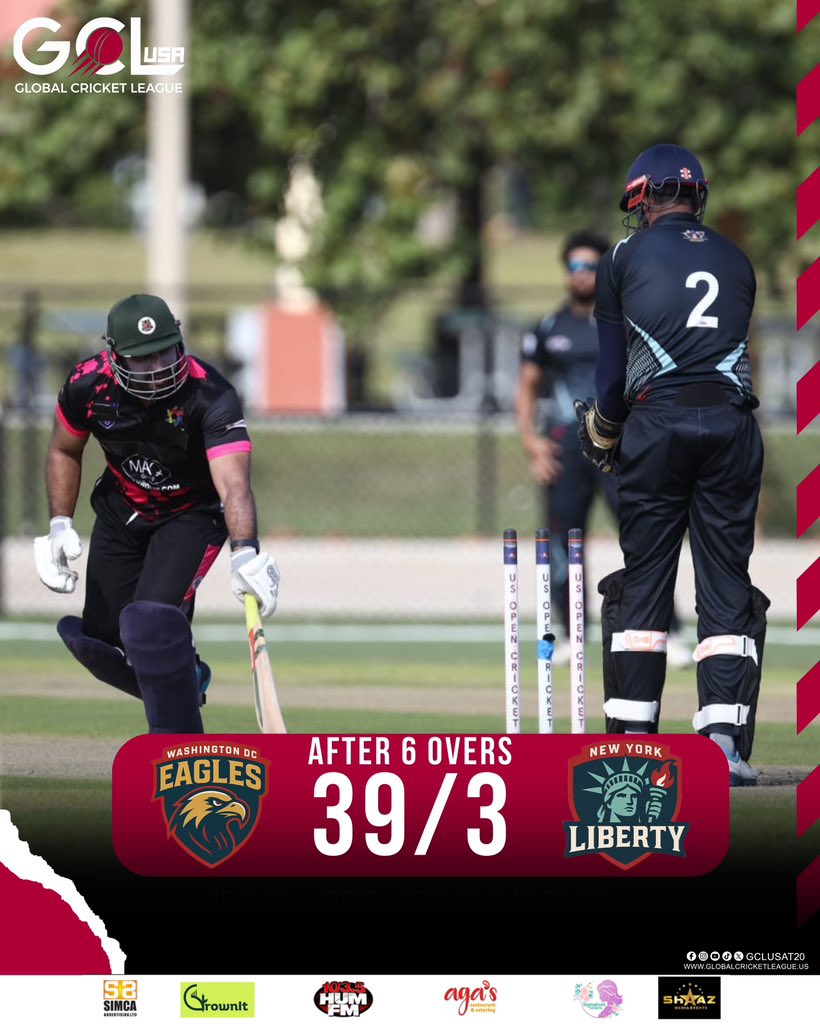 gclusat20's tweet photo. 6 overs gone, Washington DC Eagles at 39/3 — pressure mounting and the middle order under the spotlight. 🦅🔥

#cricketlovers #gcl #cricket https://t.co/wqPmk3xher