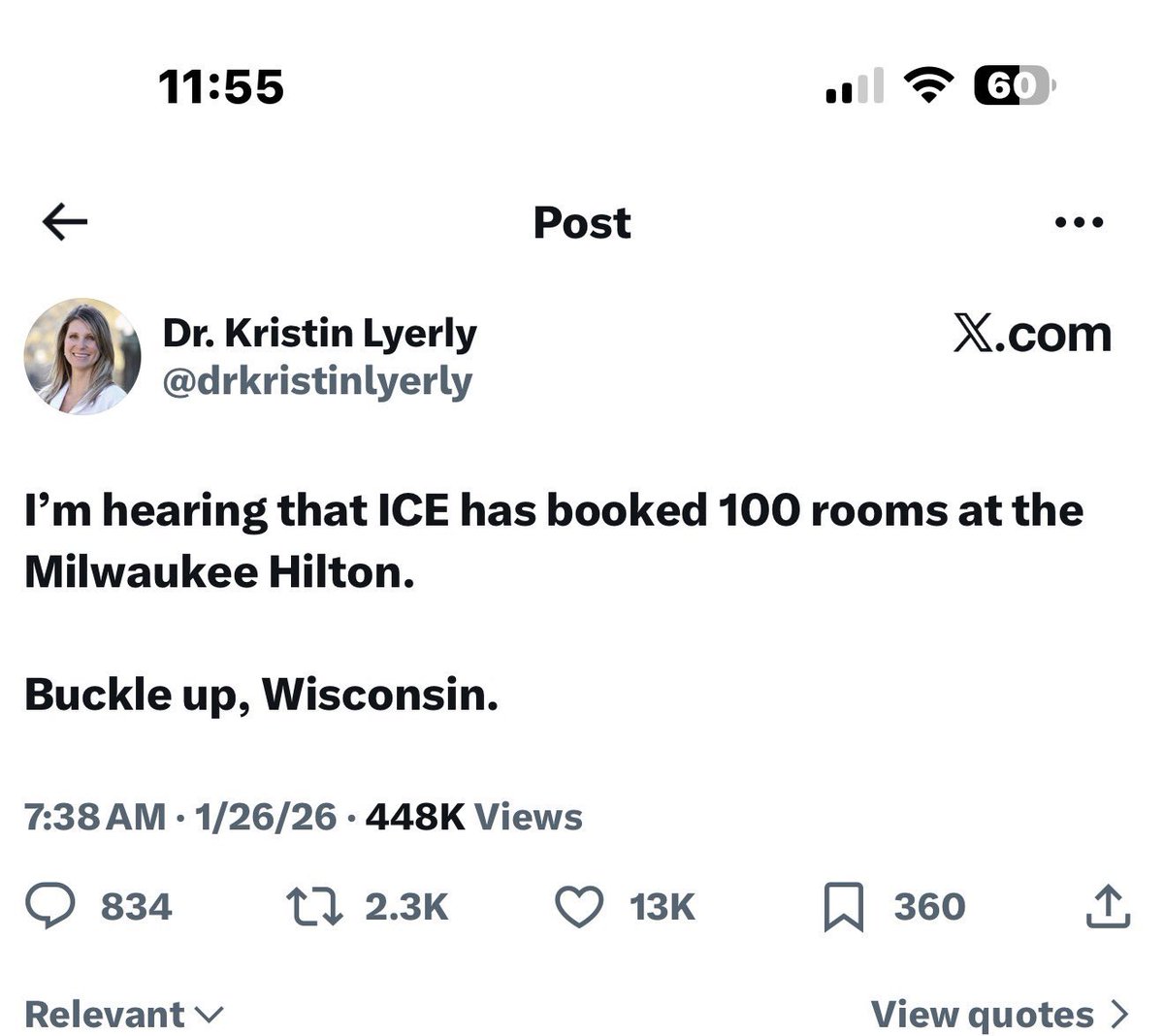 GuntherEagleman's tweet image. 🚨 Dr. Kristin Lyerly doxxing ICE agents in WI.  

Maybe the @FBI can pay her a visit.  

She deleted the post but the internet is forever.