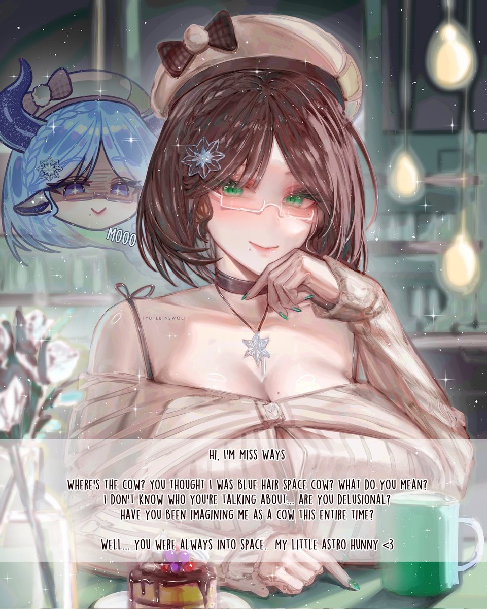 It was always  been Ms.wayz. 

I commission this by my good friend 🎨: <a href="/fyu_luinswolf/">◾ Fyu | Niruwasen Project◾</a> for this amazing half body and half rendered art with chibi head.
When she tease chat that she was a human and not a blue hair space cow. (Also i just love human milky  model.)
#miilkyart 🌌🥛