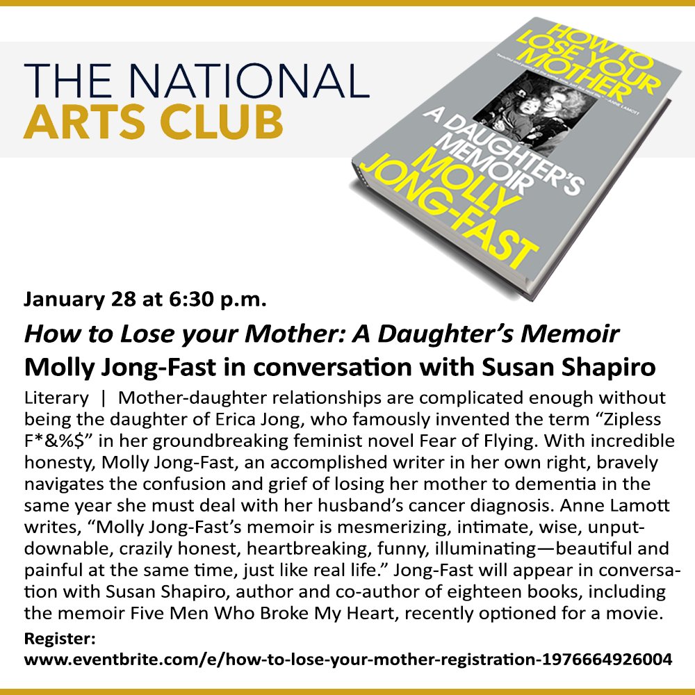 Susanshapironet's tweet photo. There's still a few free tickets left for my Q&amp;A with @MollyJongFast this Wed 1/28 at 6:30 pm at the National Arts Club 15 Gramercy Park South #nyc https://t.co/vvtIZGNWGU