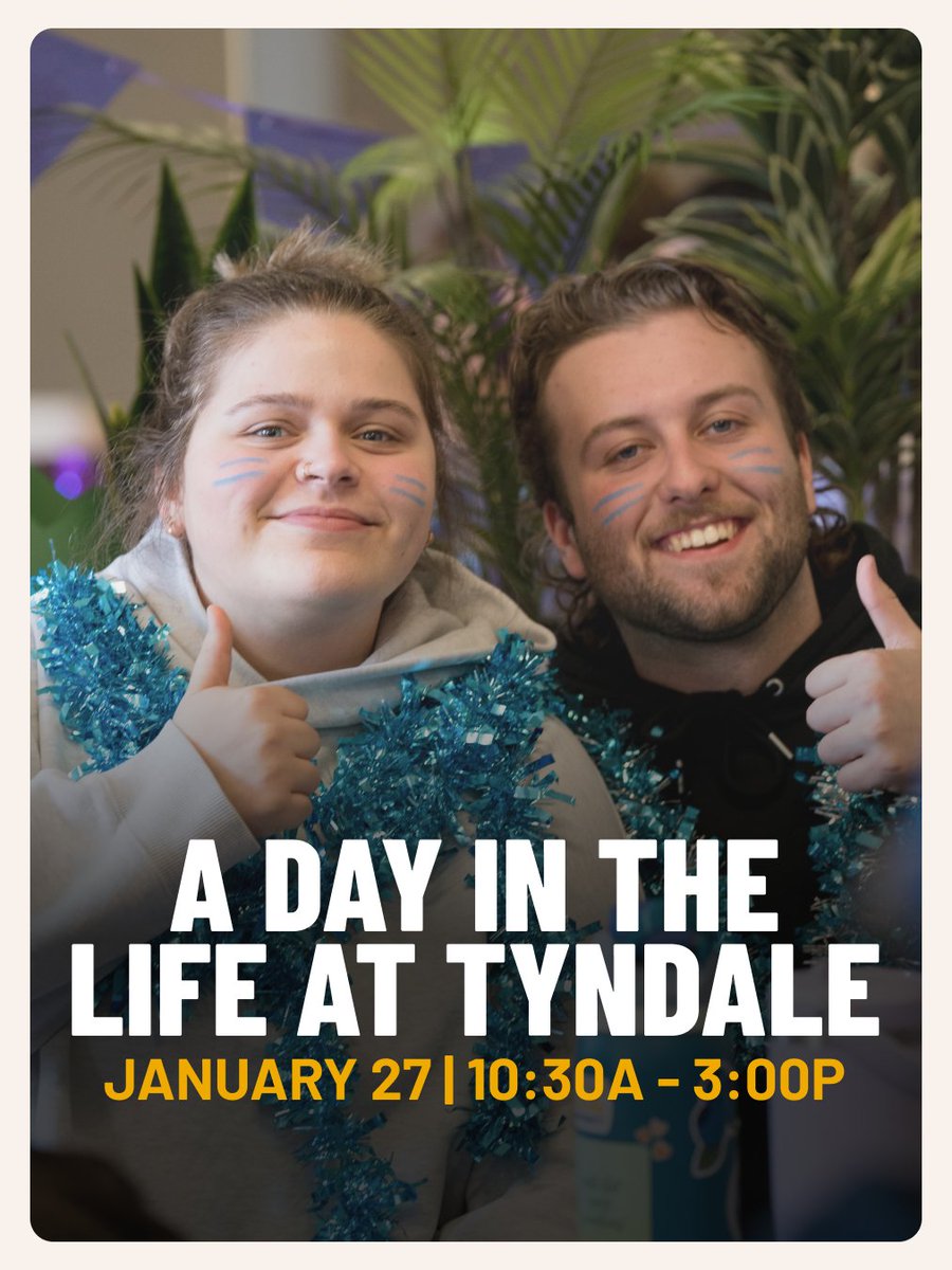 Wondering what it’s like to be a Tyndale student? 👀🎓 Join A Day in the Life—hosted by a current undergrad student, with chapel ⛪, meals 🍽️, campus tours 🏫, and financial aid support. 💰

✅ Save your spot: tyndale.ca/events/day-in-…

#tyndaleu #toronto #torontouniversity