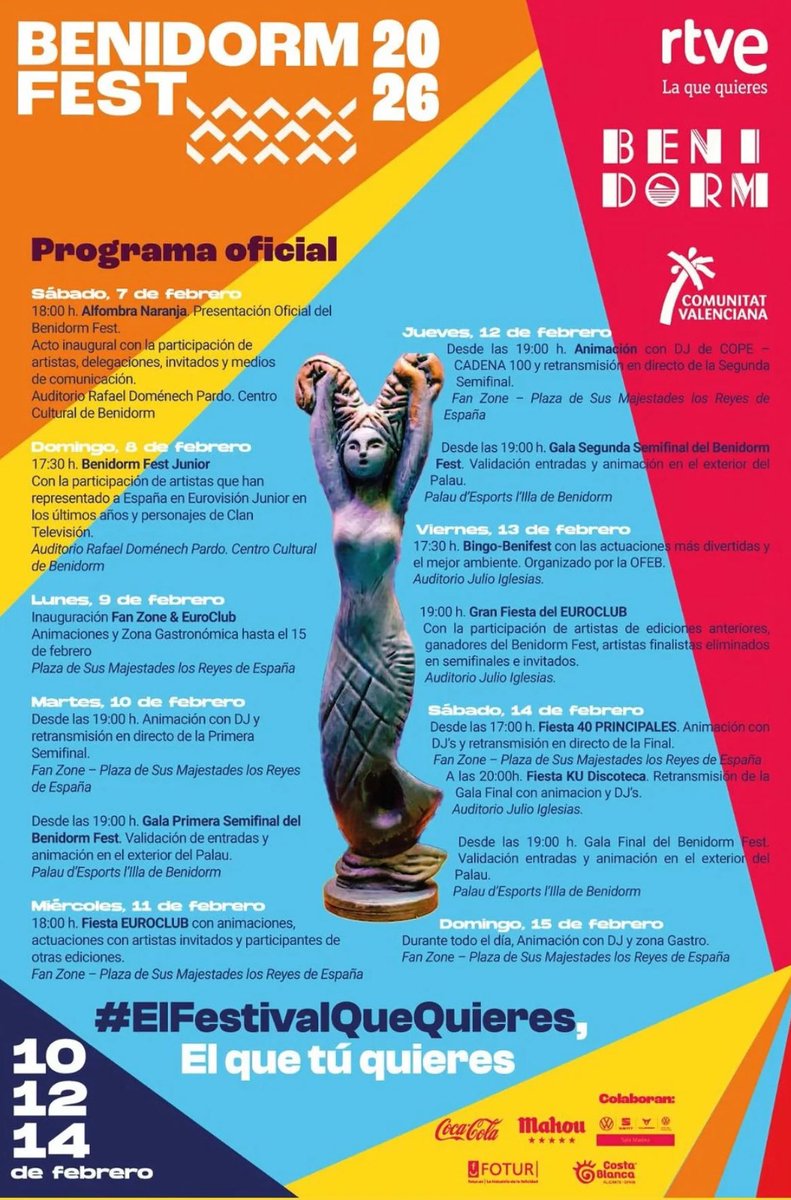 eurorinconn's tweet photo. 🔶 #BenidormFest2026 arrancará el Sábado 7  a las 18h con la Alfombra Naranja. 

👧🏻 El domingo 8, BF Junior con participantes del JESC y personajes de Clan. 

🎈La Fan-Zone abre el lunes, y contará con eventos toda la semana. 

🎶 El Sábado habrá Fiesta @Los40 antes de la Final. https://t.co/3mzdyzEa8M