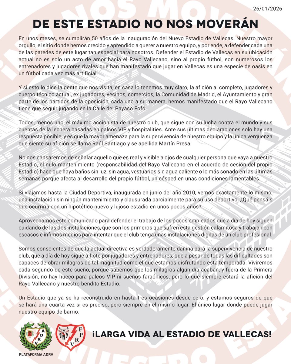 La defensa de nuestro estadio se está convirtiendo en el partido más importante de la temporada.
El Rayo fuera de Vallecas moriría.
¡Larga vida al Estadio de Vallecas!