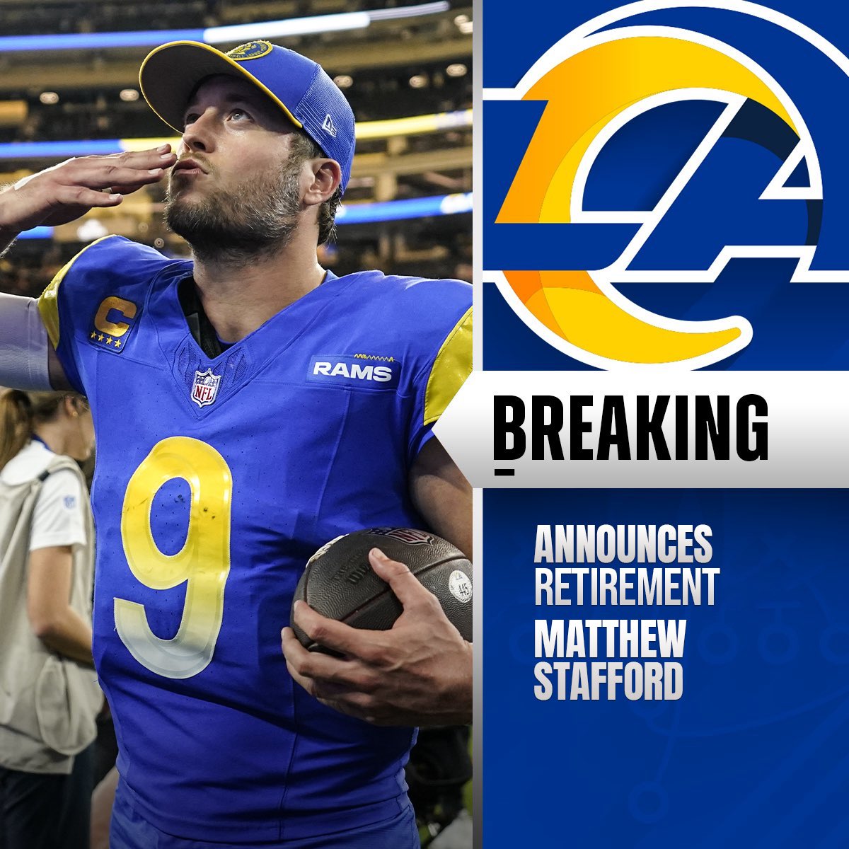 TheNFLDrop's tweet image. BREAKING: Rams QB Matthew Stafford to retire from NFL after 17-year career.