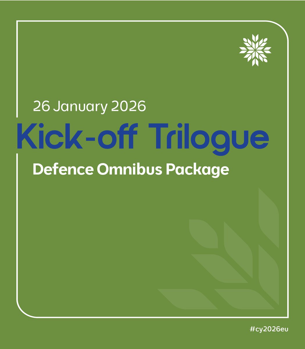 CY2026EU's tweet photo. The first trilogue on the Defence Omnibus Package has just concluded.

Negotiations kicked-off for:
👉 Intra-EU transfers &amp; procurement
�� Permit acceleration
👉 Defence readiness

#Simplification https://t.co/VjyYReEKrH