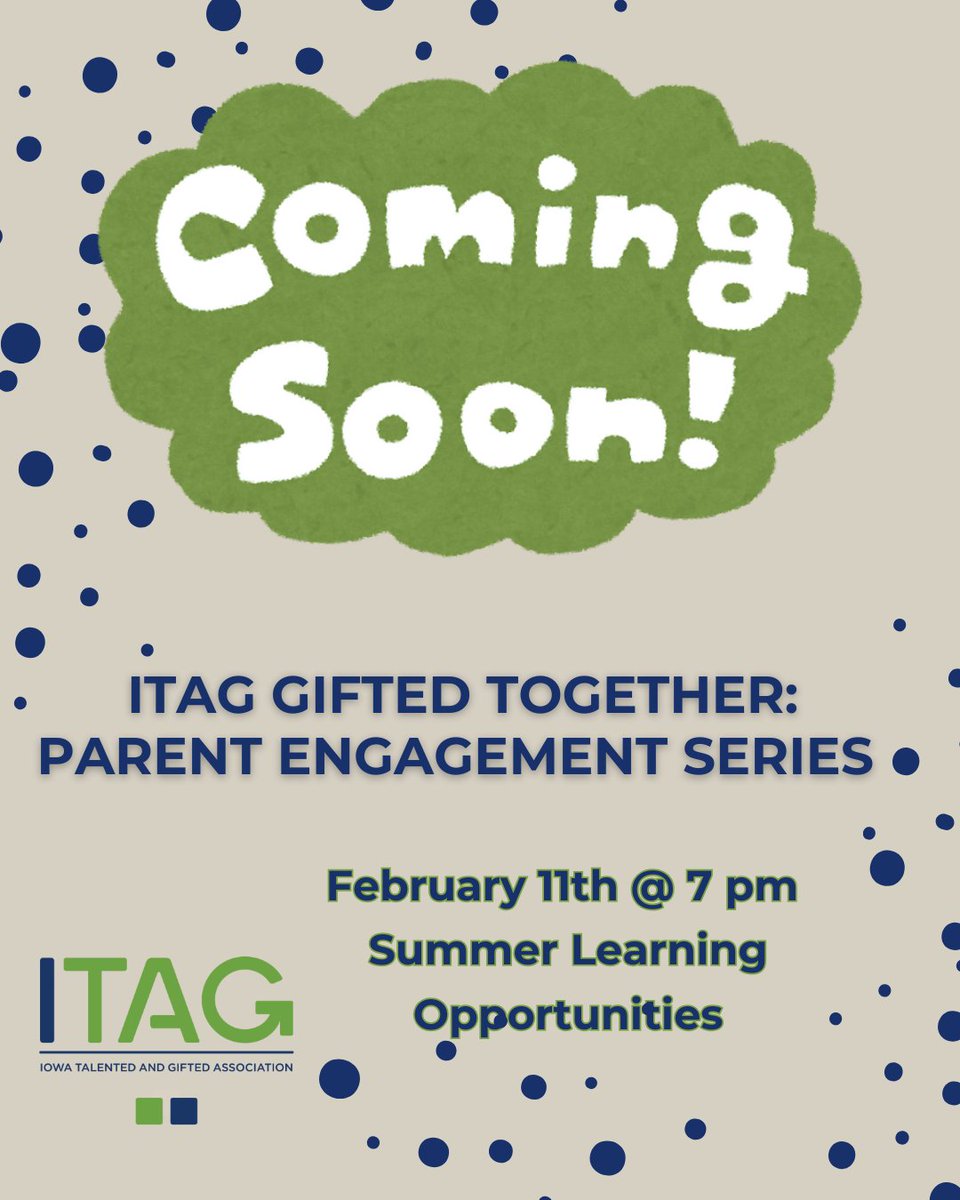 IowaGifted's tweet photo. Parents!
Find out how to keep your Talented and Gifted Student engaged this summer.
Join us for our FREE Parent Engagement Series: Summer Learning Opportunities on February 11th at 7 pm.
https://t.co/jxMbABphJh
#ITAGGiftedTogether #ITAG #SummerLearning https://t.co/JX275jhECb