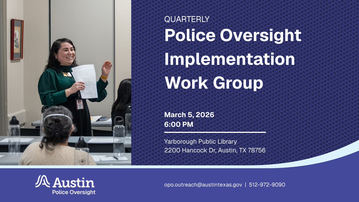 ATX_APO's tweet photo. 📣 Join us March 5 for the Police Oversight Implementation Working Group.

This meeting will review APD complaint data and gather structured community input on how oversight data is shared.

🕕6–7:30 PM
📍Yarborough Branch Public Library
👉 Register today: https://t.co/HNZNFCsBiZ https://t.co/Hxl89gtBlx