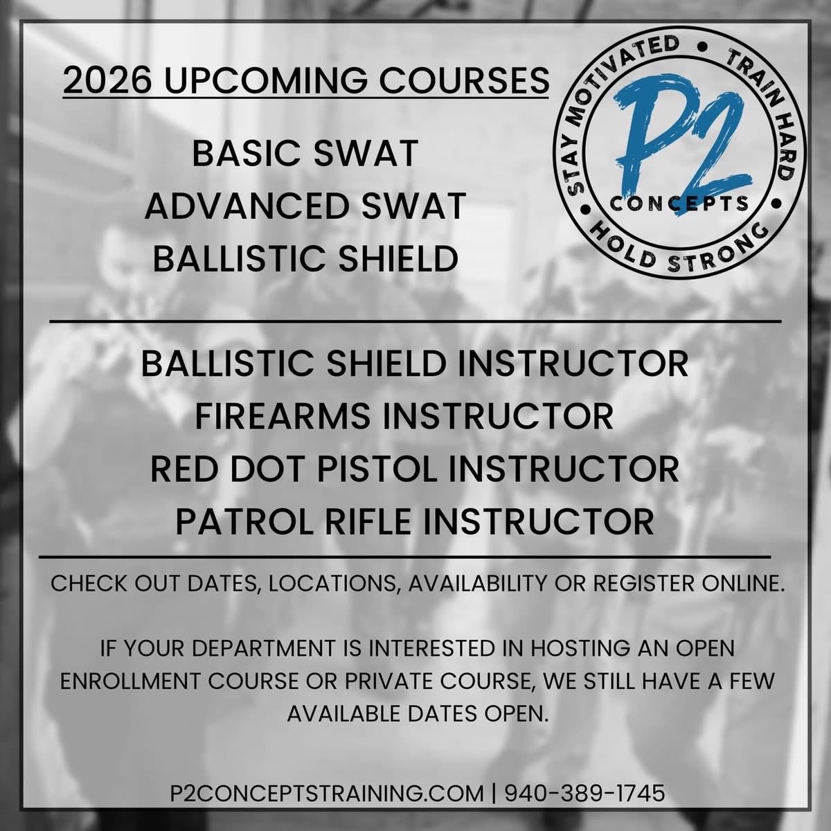 p2_concepts's tweet photo. 🔥 26 courses already locked in for the year — &amp; seats are filling fast.
For departments wanting  open‑enrollment or private team training, now’s the time to secure your dates, calendar is almost full. #P2Concepts #StayMotivated #TrainHard #HoldStrong https://t.co/zllgOrMJVg