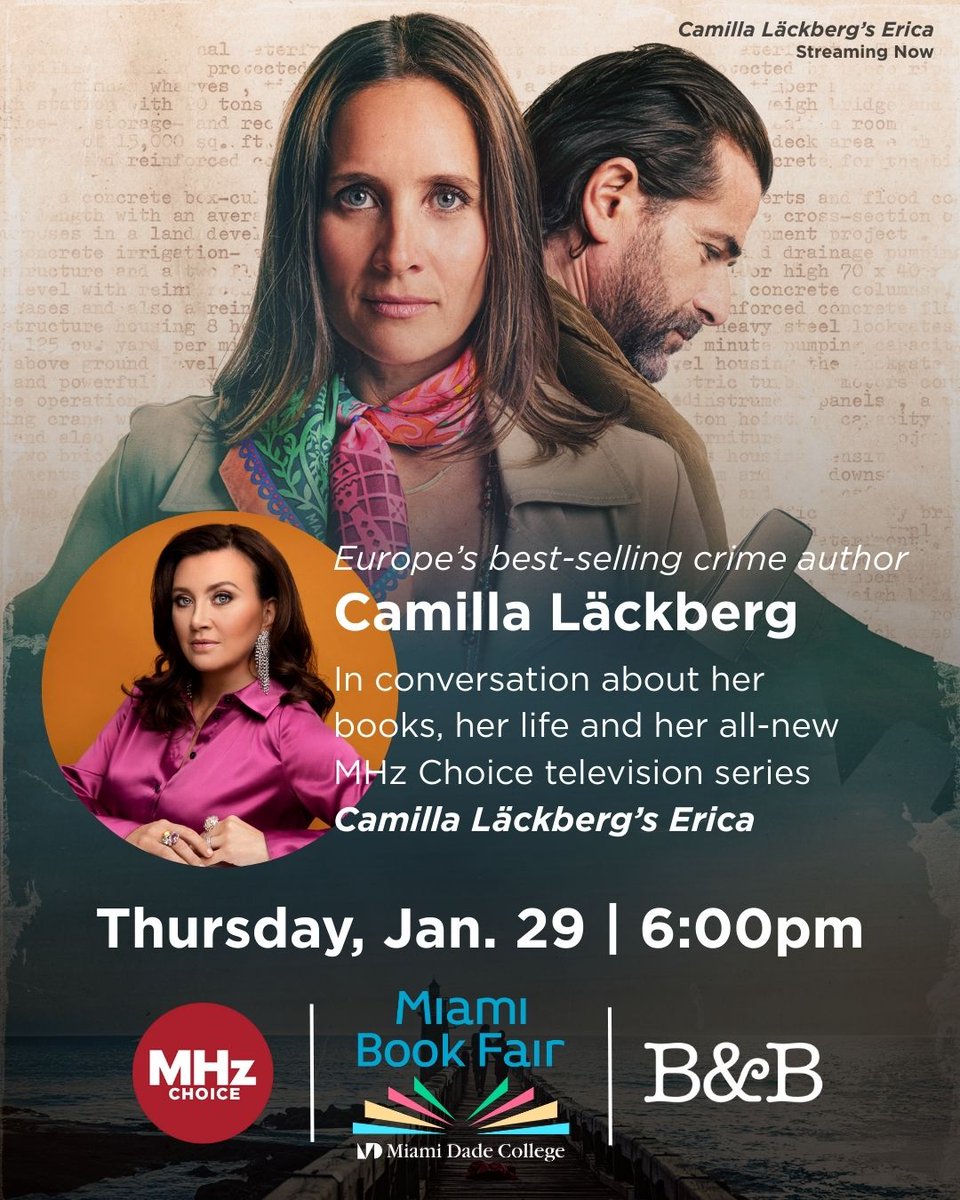 MiamiBookFair's tweet photo. Join us on Thursday, January 29 at 6 PM ET for a free virtual Q&amp;A with Europe’s top-selling crime writer, Camilla Läckberg aka the Queen of Nordic Noir. 🌍📚 Don’t miss it! https://t.co/o1ZJD5Au8l