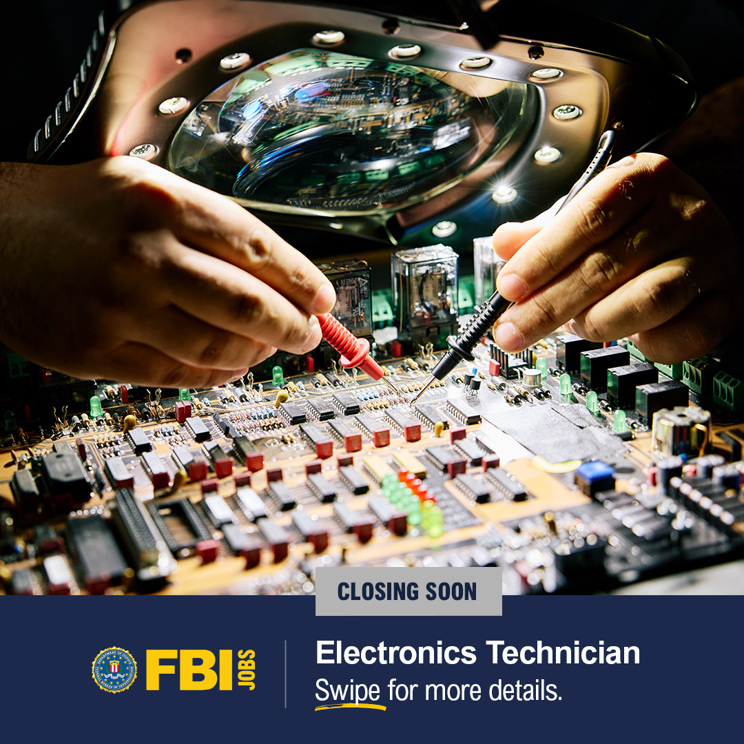 FBIJobs's tweet image. Applications are closing soon for #electronics technicians at the #FBI. If you’re ready to apply your #technical skills in support of #investigative operations, now is the time. Set yourself apart. Apply today. #FBIJobs apply.fbijobs.gov/psc/ps/EMPLOYE…