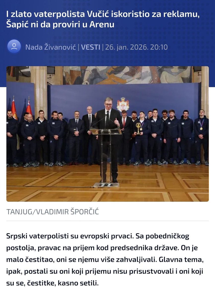radomir_martin's tweet photo. u ovom medijskom svinjcu je to verovatno neizvodljivo, i to zato što nema vremena da se promisli o tome šta se objavljuje, a i zato što juriš svaki klik

međutim

mora da se prestane sa objavljivanjem ovog smeća pod izgovorom "vesti"

"Vučić: Da se odmah ujutru vaterpolistima isplate pare koje su pošteno zaradili"

ovo nije vest, ovo nije za objavu, ovo nije ništa

ovo je samopromocija i nastavak rušenja države i njenih institucija - ako ovo objavljuješ, onda si saučesnik u tome

izbaci sve "ne-vesti" iz svakodnevnog i svakosatnog bombardovanja propagandom, pa ćeš da vidiš kako imaš vremena da se baviš i drugim stvarima

ovako, zarad rage-baita objaviš "vest" o tome da je vučić zagrmeo, a onda uveče objaviš tekst pod naslovom "I zlato vaterpolista Vučić iskoristio za reklamu"

well, no shit, sherlock

pa ti si mu u tome pomogao
