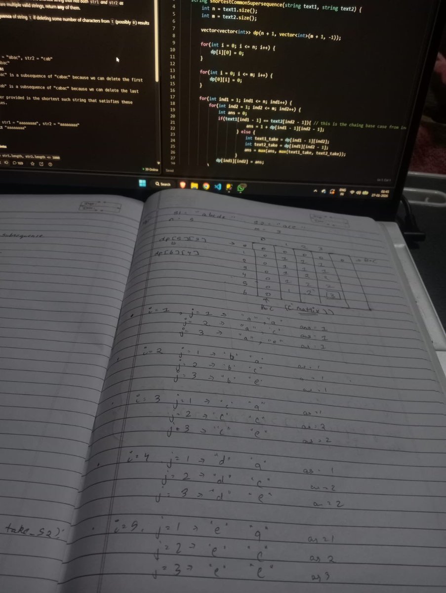 ArpitMandhan32's tweet photo. Day 26 – DP on Strings

Started DP on strings and solved 8 problems, including LCS, Longest Common Substring, Palindromic Subsequence, and SCS.
Step by step, getting stronger with DP.
#60DaysOfGrowth #PlacementPreparation #DP #LearningInPublic #Consistency https://t.co/spYnCWLj4I