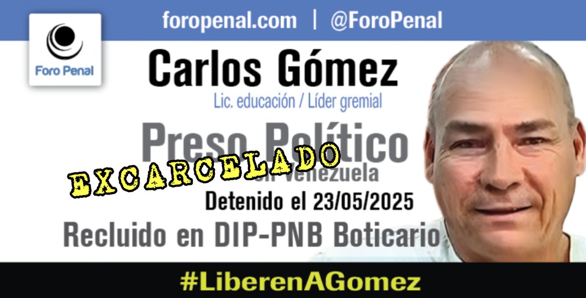 #26E Reposted from <a href="/fernandocermeza/">Fernando  Cermeño</a> Desde el Foro Penal Capítulo Mérida queremos informar que el profesor CARLOS GÓMEZ 
dirigente Gremial del sector educacional - Mérida acaba de ser excarcelado 

confirmado

Estaba recluido en la PNB/El Botocario/Ejido/Merida

Hoy 25 de Enero