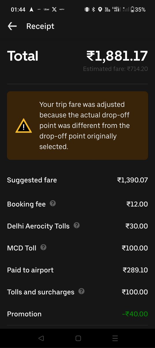 Rahulm2604's tweet photo. @Uber_India My estimated fare was ₹714, but I was charged ₹1,881. The app says it’s because the drop-off point was different — that’s incorrect. I did NOT change my drop-off and it was accurate from the start. Please review this ride and refund the excess amount. https://t.co/JVHxmJmLn9