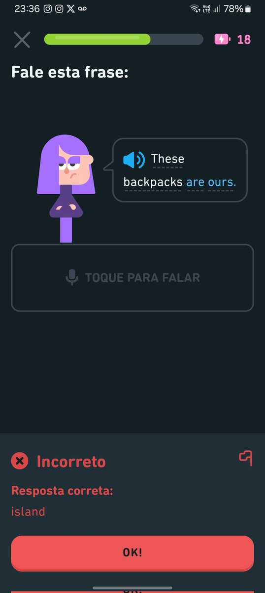 DaiconTv's tweet photo. Calma, que? Me pergunto o porquê dessas falhas no @DuolingoBrasil https://t.co/T0Csf2YGig