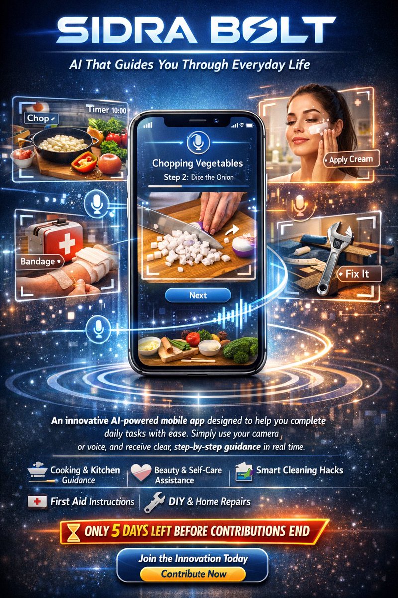 IchamLabodja's tweet photo. Sidra Bolt is an innovative mobile application provides image &amp; voice-based guidance to help users complete daily tasks with confidence—from cooking &amp; beauty care to cleaning tips,first aid &amp; DIY fixes
5 days left

https://t.co/xTeAbC0bnU

https://t.co/4gS2kr3BdU

@sidrachain https://t.co/su8QAjuCxO