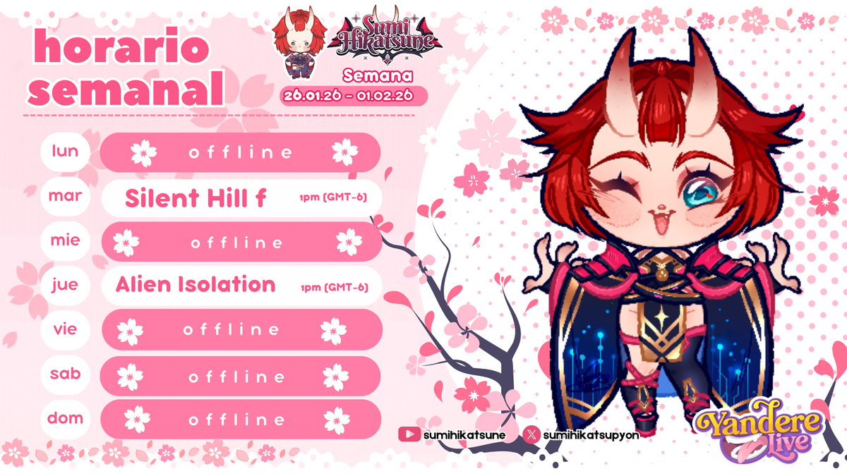 Buenas tardes Cuernitos! 🥐❤️✨ 
Vengo a dejarles ahora si el horario de esta semana!
  o(≧∇≦o) ✨

Esta semana si o si terminamos el Silent Hill f y le seguimos a Alien Isolation ✨ 

Lo que si es que Bendy &amp; the Ink Machine tendrá que esperar un poco por que tengo compromiso