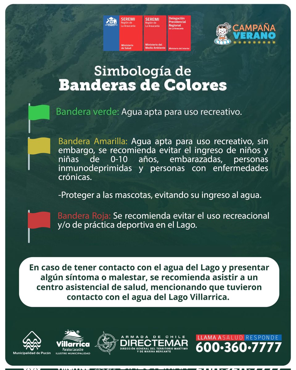 ✅ Hoy, Lunes 26 de enero:

Playa Grande, Pucón: 🟢 Bandera verde (apta para el baño recreativo).

Playa Los Chilcos, Villarrica: 🟢 Bandera verde (apta para el baño recreativo).