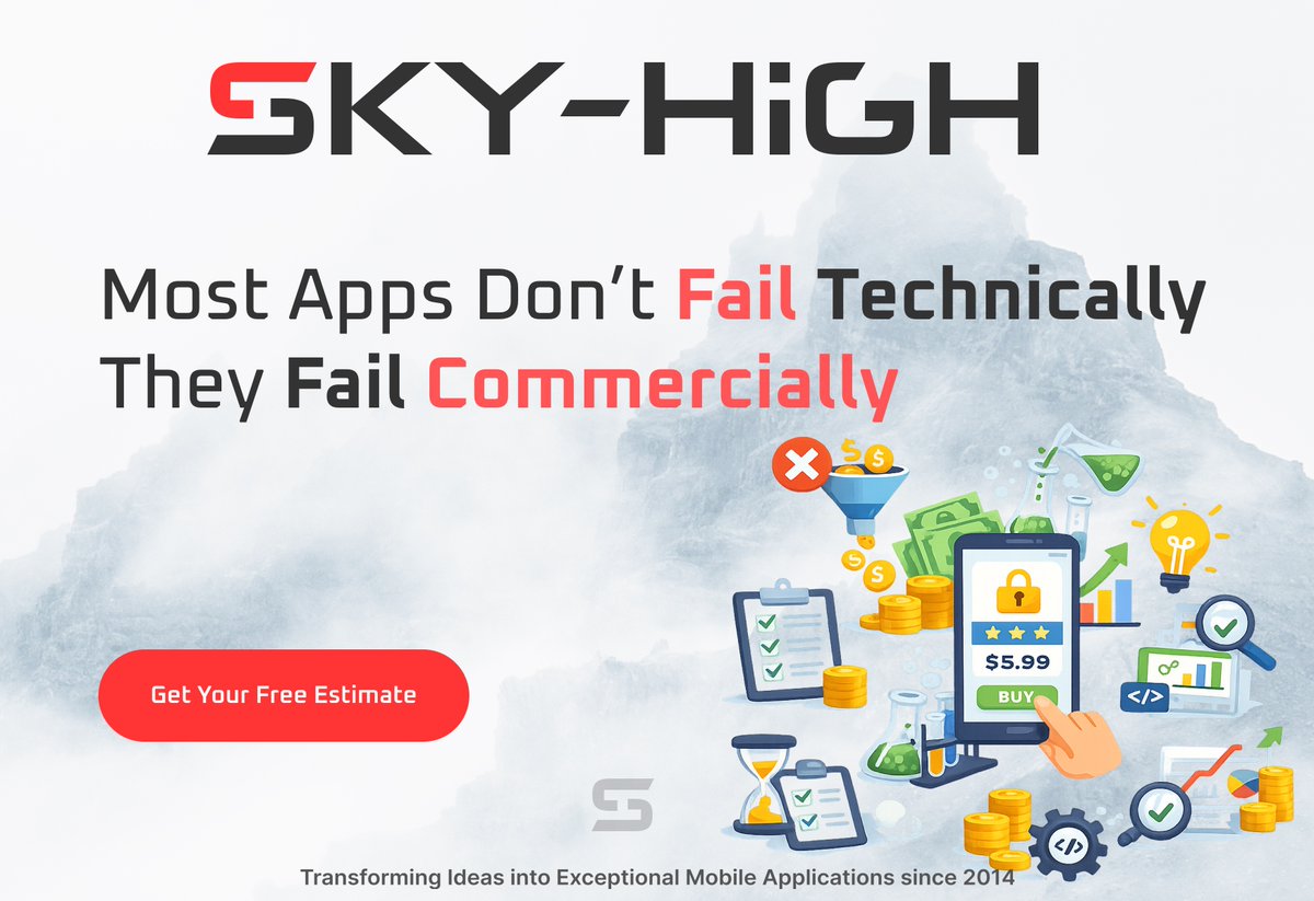 SkyHighapps's tweet photo. 💰 Most apps don’t fail technically - they fail commercially.
Great code + clean design ≠ revenue.

At Sky-High, we treat monetization as a product decision, not an afterthought - aligned with user value and built for testing &amp; growth.

#AppDevelopment #Monetization #MobileApps https://t.co/e7uZXavGJX
