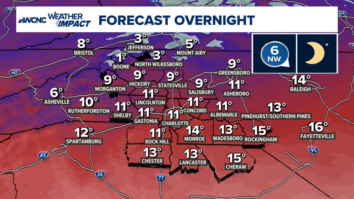 Bitter cold tonight with lows in the single digits and teens, but the wind will make it feel even colder. Please make sure people, pets, and pipes are protected. This cold pattern isn't going anywhere, so cold impacts will only increase as the week goes on. #cltwx #ncwx #scwx