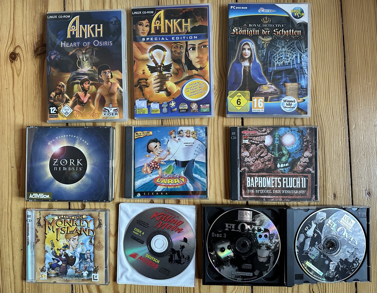 JoachimHesse's tweet image. Gebe diese zwei „Stell keine Fragen“-#Retropurge-Pakete mit ein paar Perlen ab. Die CD-ROMs sehen in Ordnung aus, habe aber kein System hier, um sie zu installieren. Die #Adventures auf Foto 1 gibt es für zusammen €25, alle #Strategie-Spiele auf Foto 2 für €38. Wer möchte? 👾