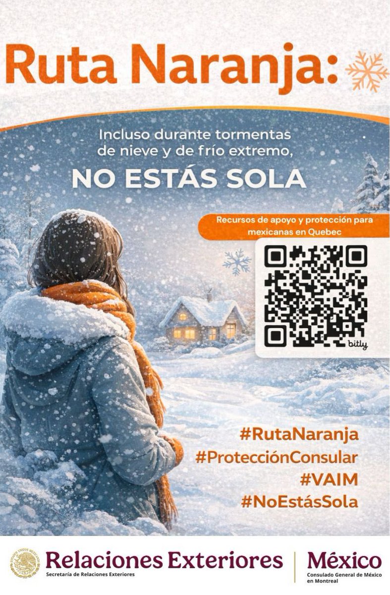 Durante tormentas de nieve y #FríoExtremo, muchas personas permanecen más tiempo en casa. 
Para algunas mujeres, este aislamiento puede hacer más difícil pedir ayuda. Si atraviesas situación complicada, recuerda que no estás sola.  <a href="/SRE_mx/">Relaciones Exteriores</a> 
bit.ly/4a126sF #VAIM <a href="/vcalva/">Vanessa Calva Ruiz (she/ella)</a>