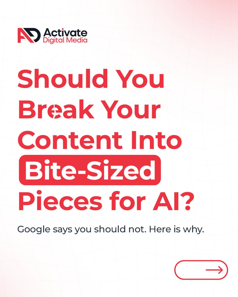 activatedigi's tweet photo. Google shared a clear message for content teams.  

Do not break long-form content into bite-sized chunks just to improve visibility in AI or LLM-driven results.  Danny Sullivan explained that strategies built for perceived AI preferences can be fragile, because ranking systems evolve. 

The durable approach stays the same, publish content that genuinely helps users and answers real questions with clarity.  

If your content is structured well, easy to navigate, and written for people, you are already building for what lasts.  

ADM tracks platform and search changes so you can focus on strategies that hold up over time.  #ContentStrategy #SEOBestPractices #SearchUpdates #HumanFirstContent #ActivateDigitalMedia