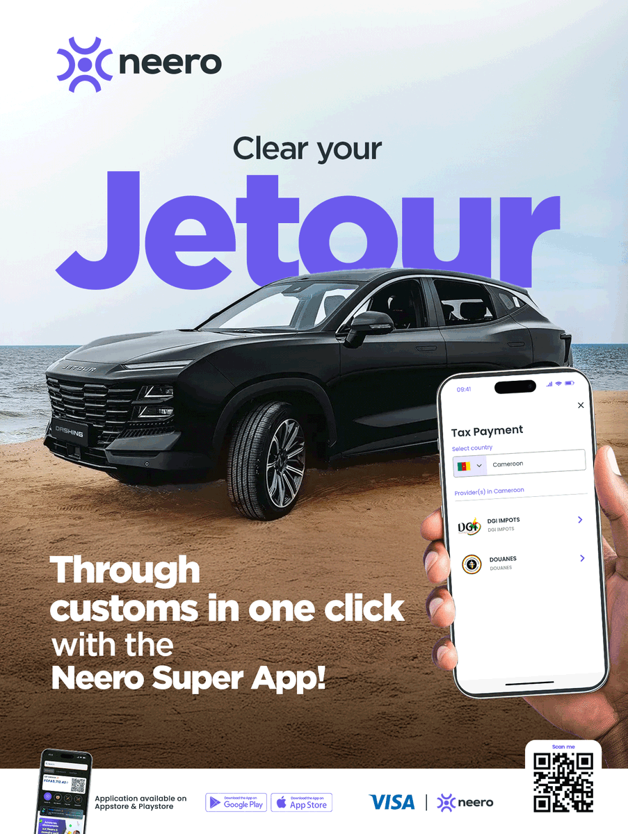 neero_cm's tweet photo. 🚗💼 Clear your Jetour through customs in just one click.
With the Neero Super App, paying customs duties is now simple, fast, and secure.
No stress, no queues — just a few taps and you’re done.
#Neero #SuperApp #CustomsPayment #Fintech #DigitalPayments #Jetour #MadeEasy https://t.co/rdmsIm0llb