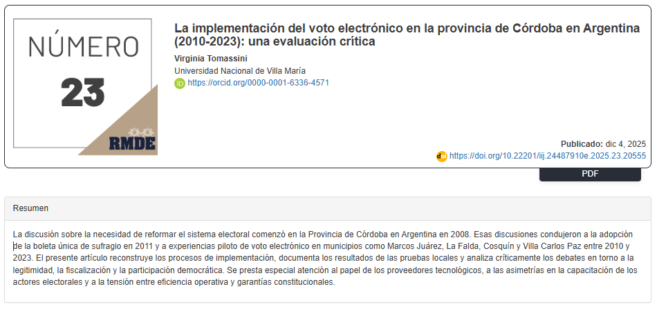 Electoral_UNAM's tweet photo. 👉¿Qué lecciones deja el voto electrónico? En "La implementación del voto electrónico en la provincia de Córdoba en Argentina (2010-2023): una evaluación crítica", Virginia Tomassini [@virginiatomassi] analiza 13 años de experiencias.

🔗https://t.co/zHYhxHVSQU
@Revistas_IIJ_UNAM https://t.co/kPNveZhjbY