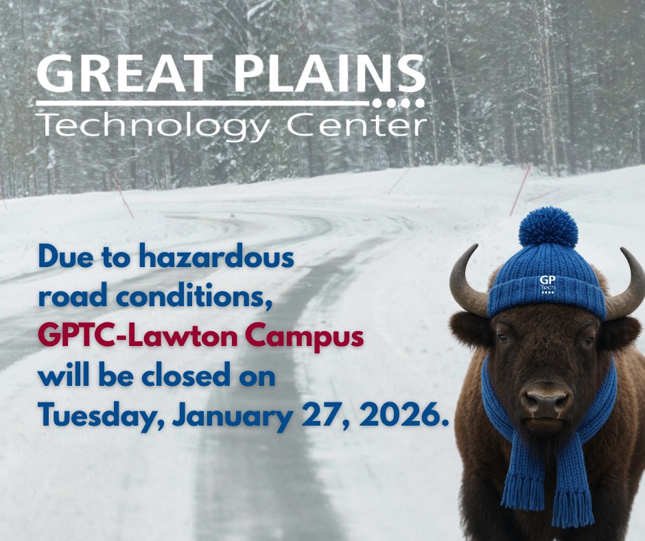 While our crew has been working hard to clear campus, continued hazardous road conditions will mean that GPTC will remain CLOSED on Tuesday, January 27, 2026 to ensure the safety of our students and staff. We look forward to seeing you soon! #GPTech #gptc