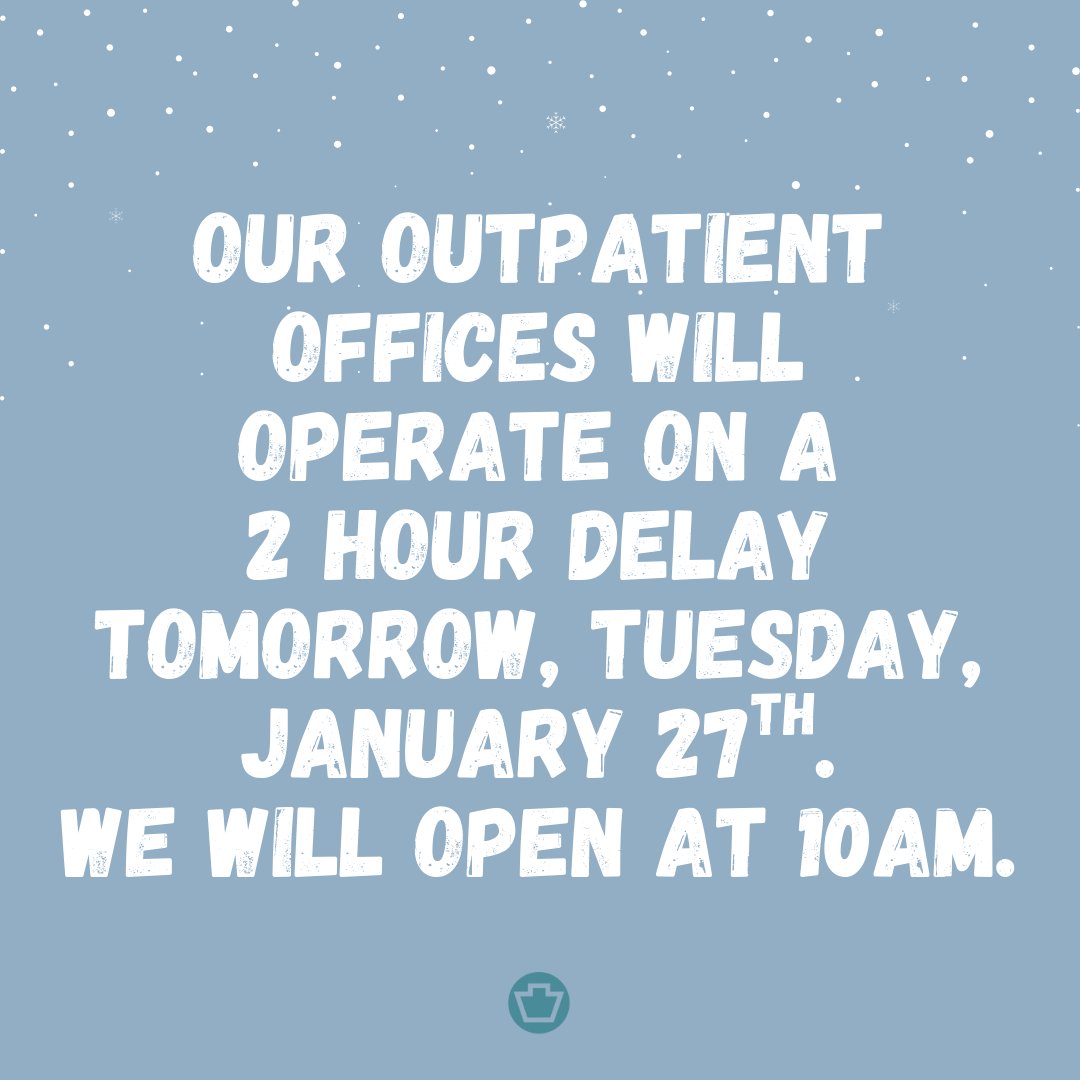KeystoneYork's tweet image. ❄️ Weather Update ❄️
Due to road conditions and overnight temps, Outpatient Offices will open at 10 AM (2‑hr delay) on Tue, Jan 27.

Safety is our priority. Updates will be shared if needed.