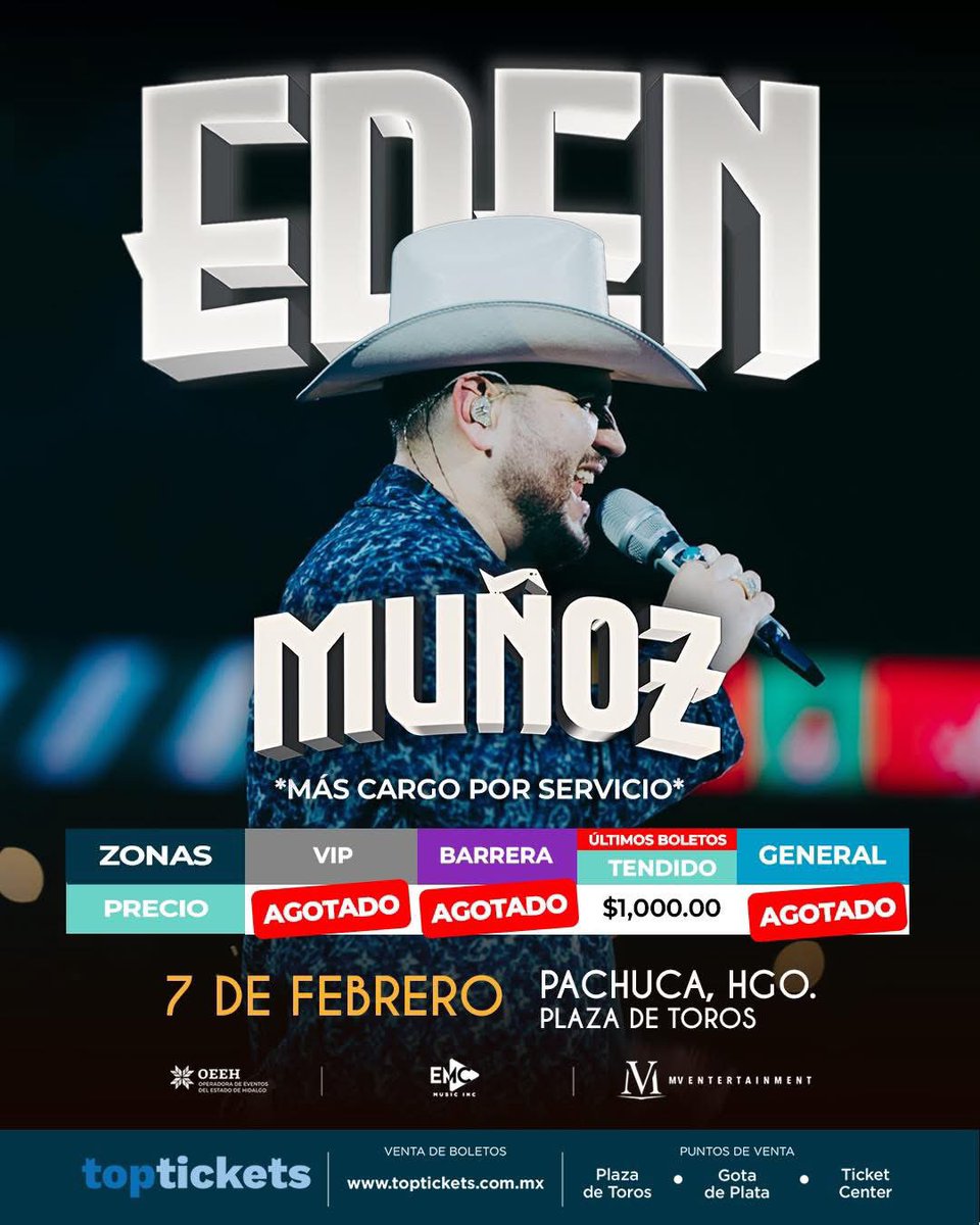 Última llamada, Pachuca
VIP, Barrera y General agotados ❌
Solo quedan los últimos boletos para una noche inolvidable 🎤🤠

📆 7 de febrero
📍 Plaza de Toros

#EdenMuñozEnVivo
#ÚltimosBoletos #MVEntertainment @mve_mx