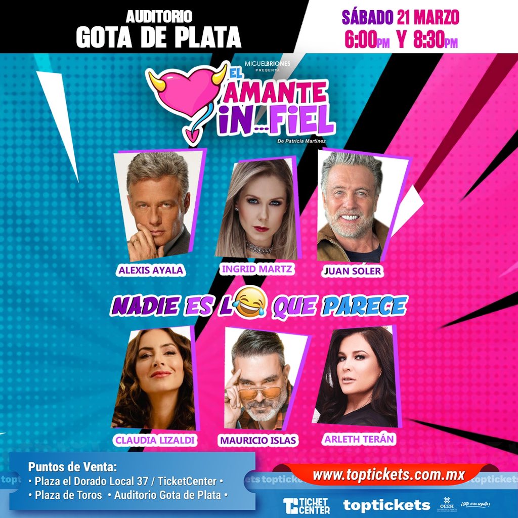 ¡EL AMANTE INFIEL!

📍 Auditorio Gota de Plata
📅 Sábado 21 marzo
⏰ Funciones: 6:00 y 8:30 PM
🎟️  ¡Boletos ya disponibles!

Función 6:00 pm: ventas.toptickets.com.mx/c/vnu1xq38
Función 8:30 pm: ventas.toptickets.com.mx/c/5vlxelkk
Puntos de venta:
▪️Auditorio Gota de Plata
▪️Plaza de Toros
Ticketcenter