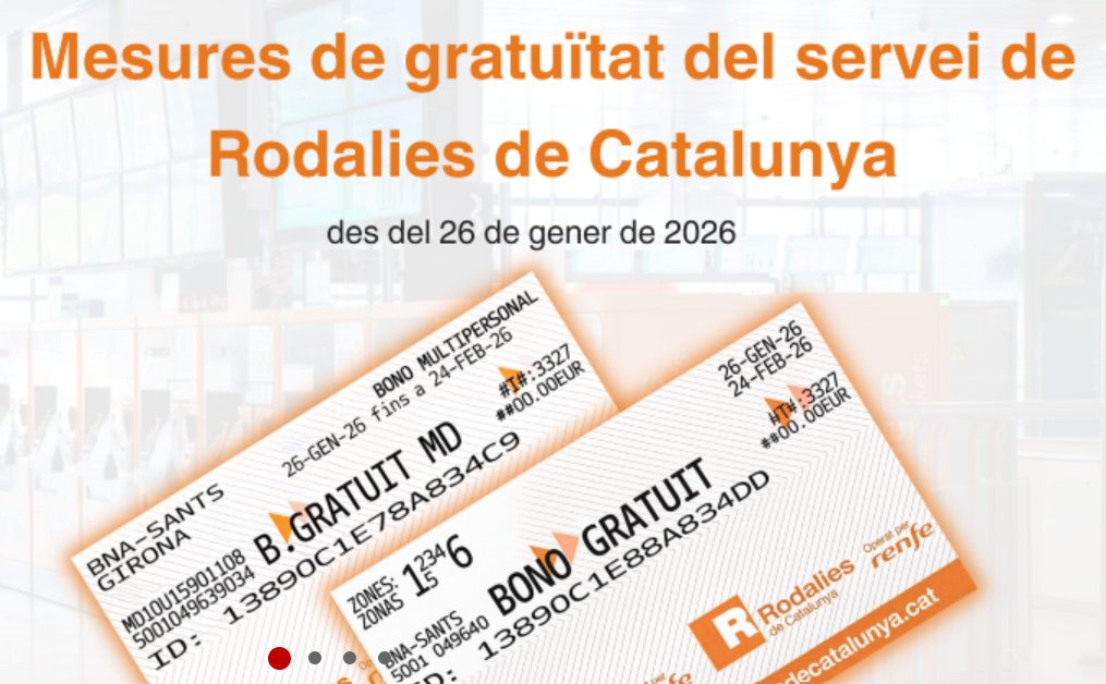 📣 Mesures de gratuïtat del servei de Rodalies de Catalunya

ℹ️ Sol·licita el teu títol a les màquines auto venda i taquilles de Rodalies de Catalunya.

➕ Informació: gen.cat/4q39ycy