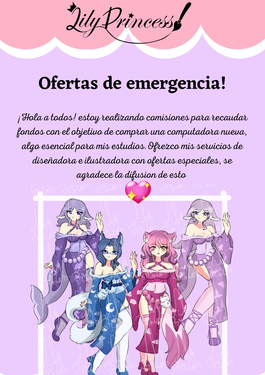1LilyPrincess's tweet photo. Holis andaba desaparecida pero quiero ofrecer comisiones de emergencia,lamentablemente ando con mi computadora vieja que ya me quiere abandonar, asique debo comprar otra para seguir mi carrera y estudios. Seria de mucha ayuda que puedan ayudarme un poco #comisiones #Commission https://t.co/AM2TLJG8LB