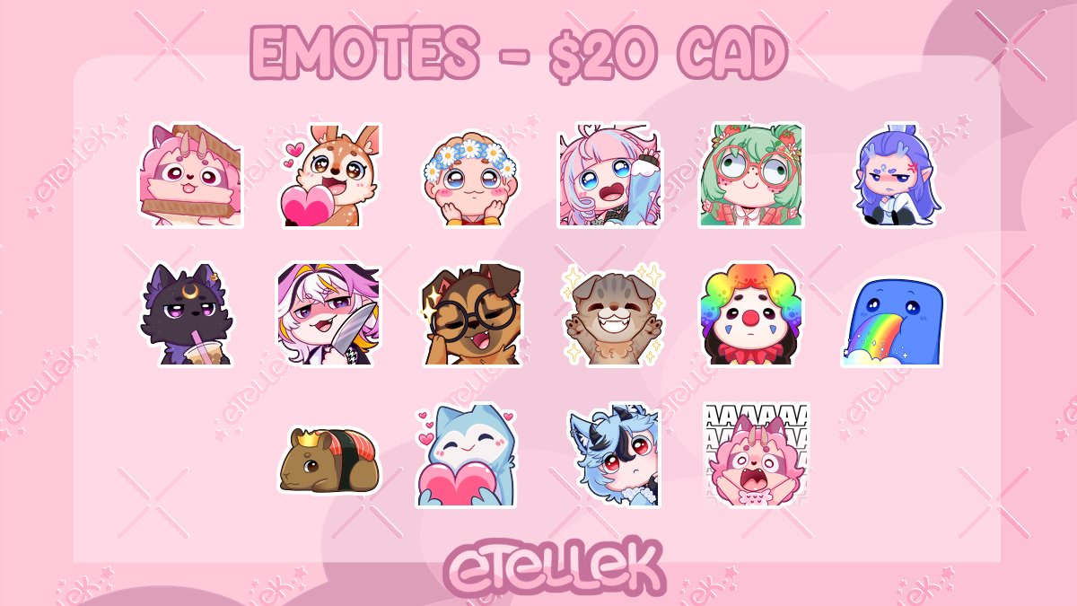 etellek_'s tweet photo. ✨Commissions are OPEN✨
- emotes (static/animated/ych) 
- badges 
- PNGtuber 
- chibi/merch design 
+ MORE 

https://t.co/1UFR1WUbbS 
#emotes #emoteartist #commission https://t.co/dzkibzhVd5