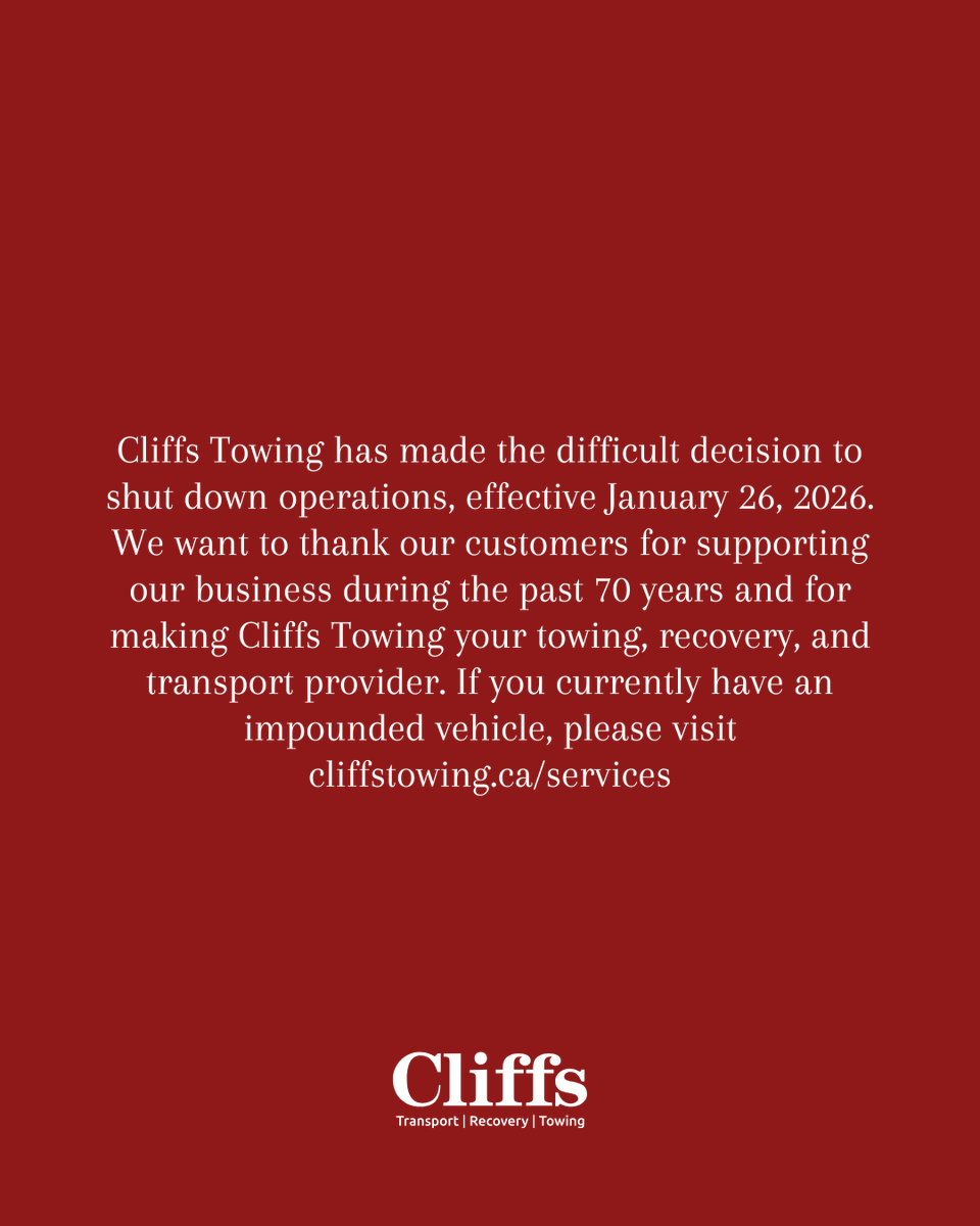 Cliffs Towing will shut down operations effective Jan 26, 2026. Thank you for 70 years of support. If you have an impounded vehicle, visit cliffstowing.ca/services for details.