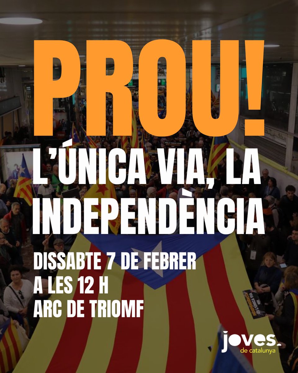 📣 El dissabte 7 de febrer direm PROU! 

L'única via per a garantir una xarxa de Rodalies funcional i uns serveis públics de qualitat és la independència. 

PROU espoli, PROU colonialisme, PROU mal govern!

🗓️ Dissabte 7 de febrer
🕕 12 h
📍 Arc de Triomf (Barcelona)