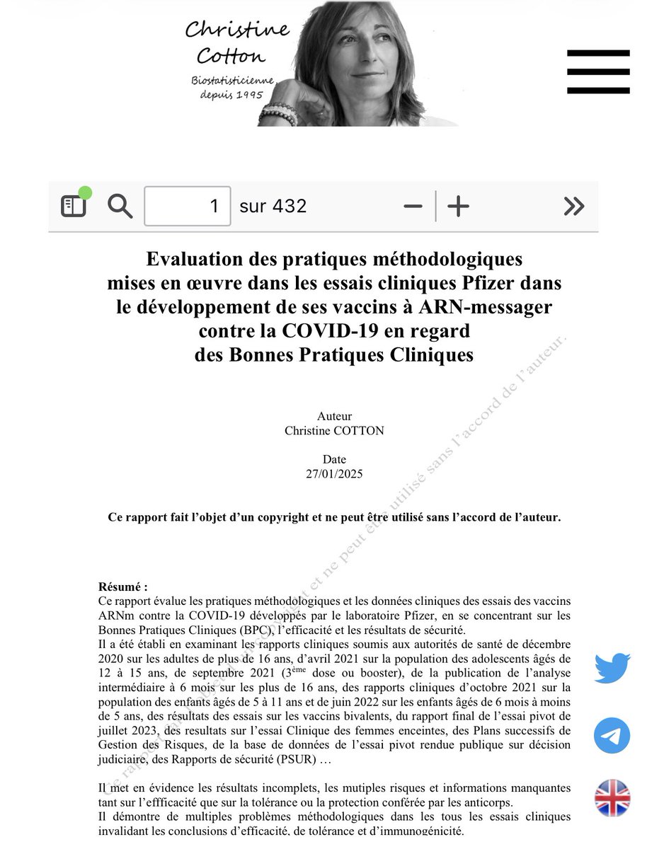 Les amis, je vous partage la dernière version de mon rapport sur les essais cliniques pfizer pour son vaccin covid.
Ce document a été utilisé dans les plaintes contre les autorités de santé, le recours pour abus de pouvoir contre l’Ansm et la plainte pénale pour tromperie