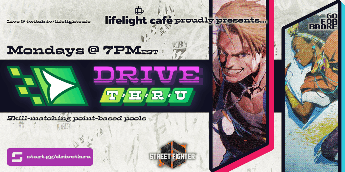 LifelightCafe's tweet photo. Go for broke #DriveThruSF6 #1 for #SF6 TODAY @ 7PM EST!

💥 | All players welcome; skill-matchmaking pools
🥊 | Play 4+ sets, WIN OR LOSE; elite practice
🏅 | Climb DriveRank PR for S1 Invitational

SIGN UP IN REPLIES ⬇️ https://t.co/2ImrxAFJPX