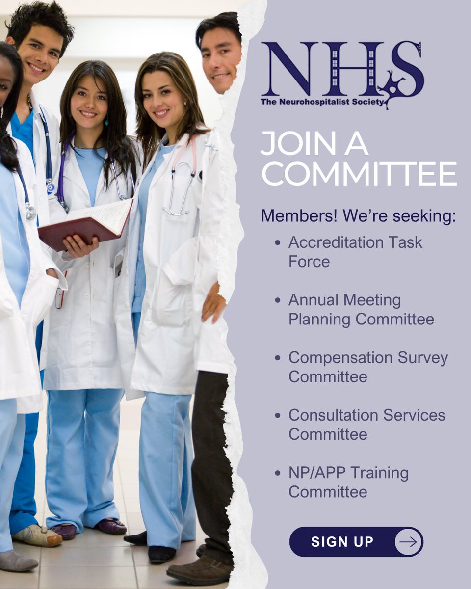 Neurohosp's tweet image. NHS members: get involved &amp;amp; join a committee: form.jotform.com/241134683032044

Open roles: Accreditation Task Force, Annual Meeting Planning, Compensation Survey, Consultation Services, NP/APP Training

#Neurohospitalist #Neurology #MedicalLeadership