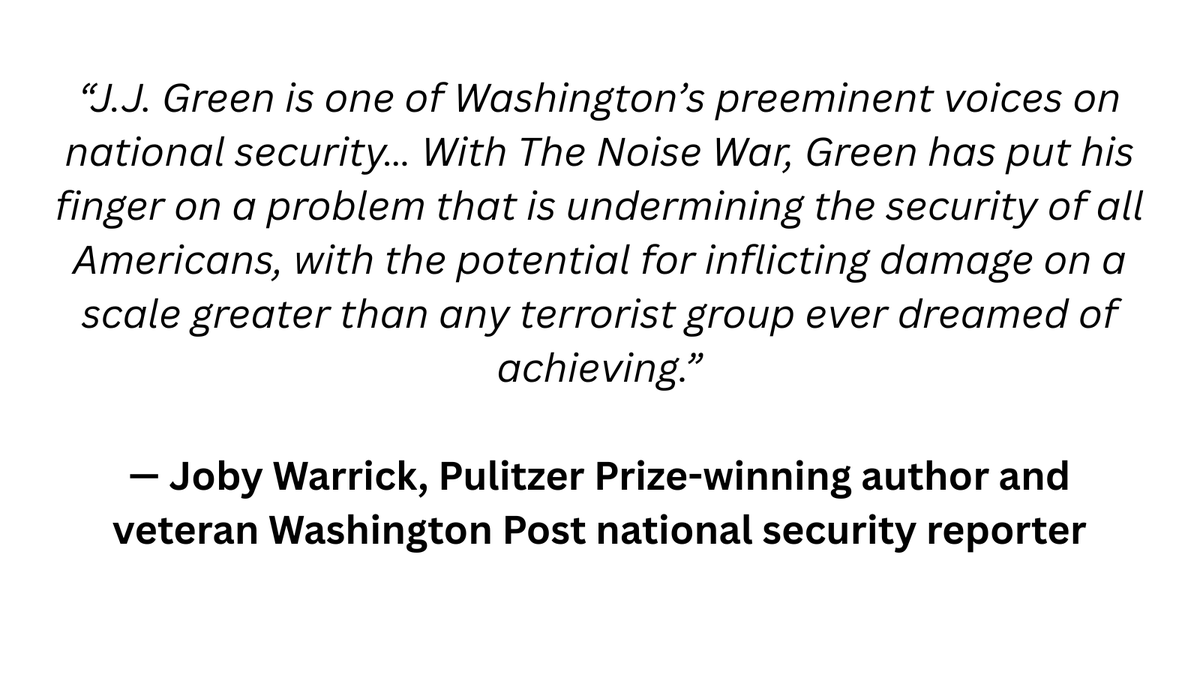 NATSEC09's tweet photo. MASSIVE honor today for me and my new book The Noise War from  @JobyWarrick! Thank You Joby for this great review. https://t.co/KSYlfTEtPl