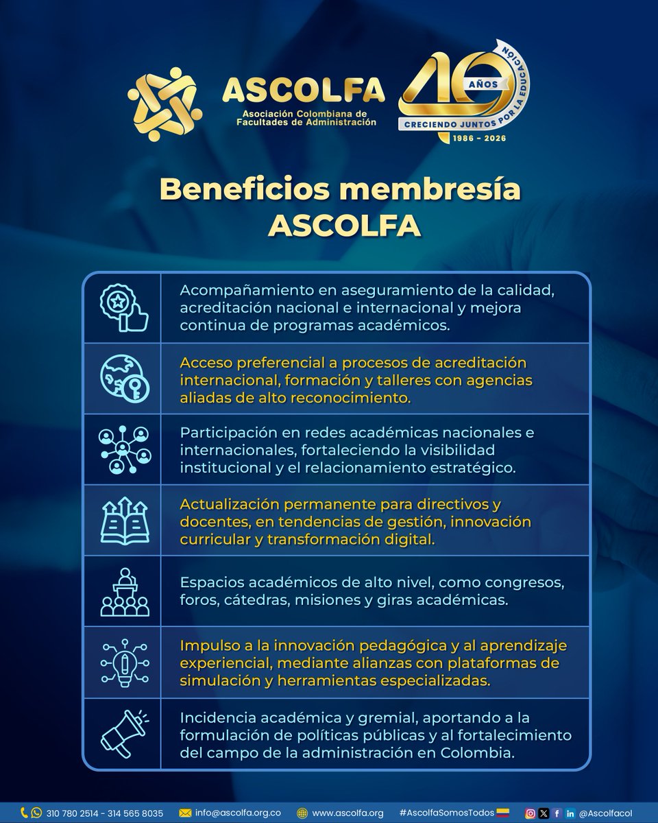 Comunidad académica: estas son las tarifas de la membresía ASCOLFA 2026, definidas por el Consejo Directivo tras un análisis responsable de la realidad de las IES. La membresía brinda acceso a calidad, acreditación, formación, redes e incidencia académica.✨ 
#AscolfaSomosTodos🇨🇴